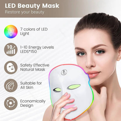 LED beauty mask with white face panel and glowing multicolor rim, held in place