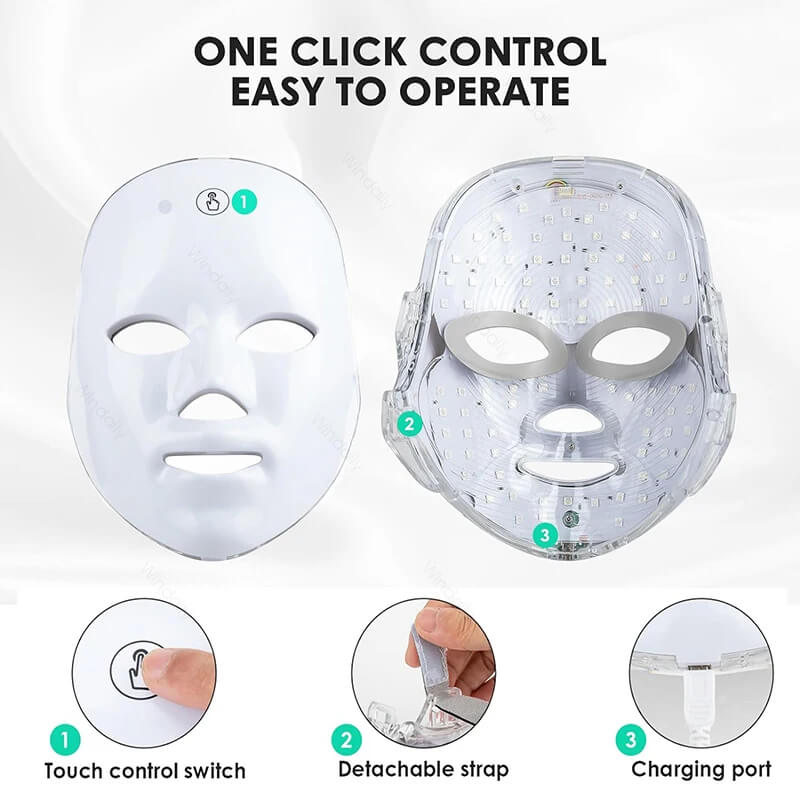 LED beauty mask with touch control, detachable strap, and charging port