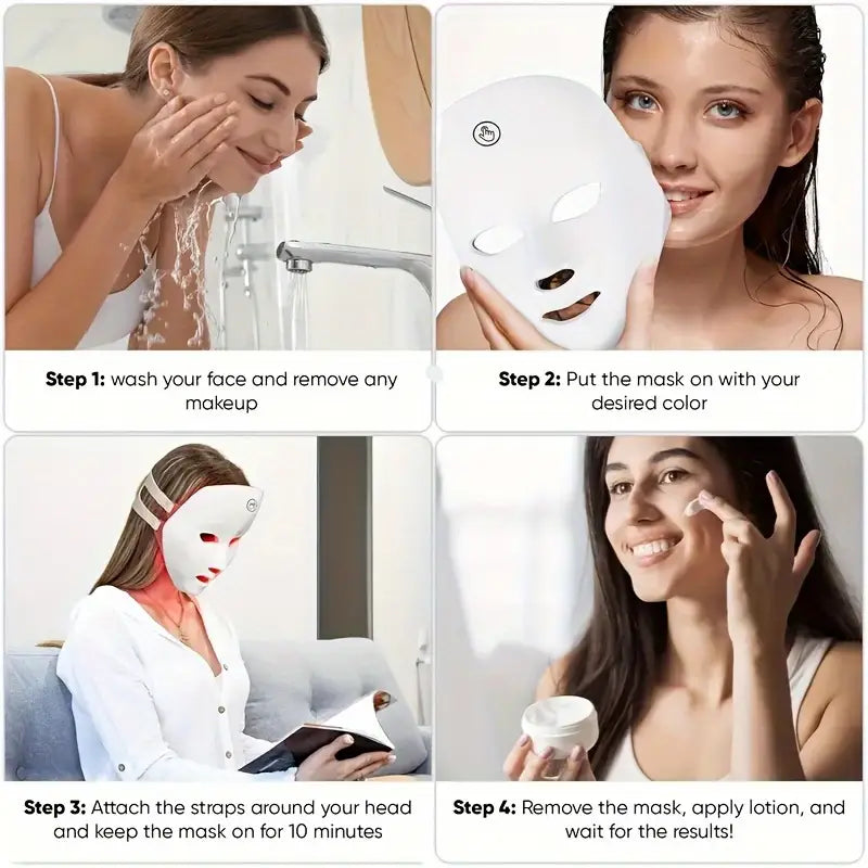 LED beauty mask worn on face with side straps, illustrated step-by-step