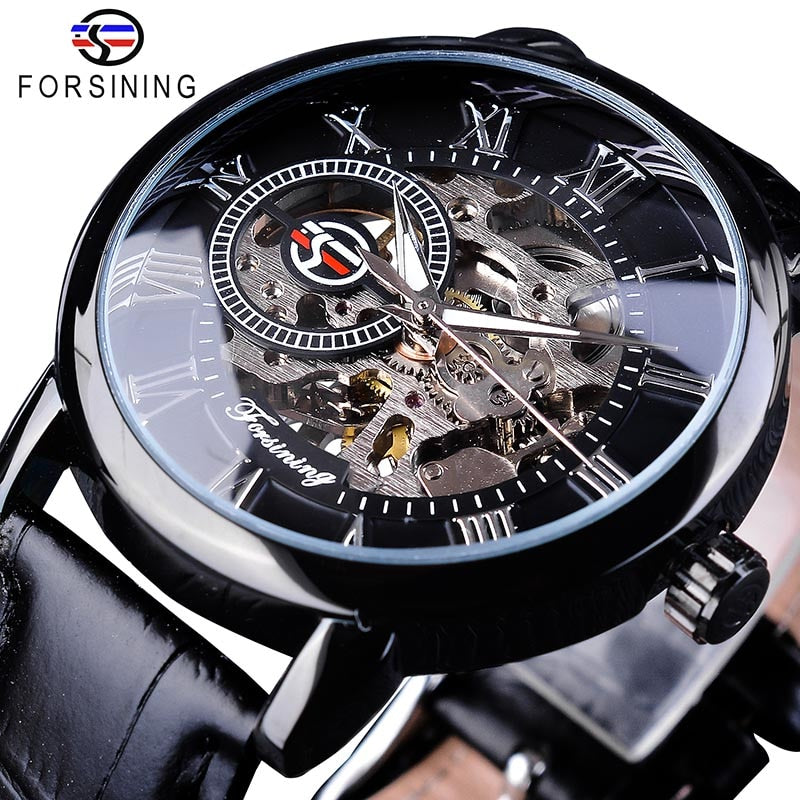 Men's skeleton watch with black dial, silver-tone case, black leather strap