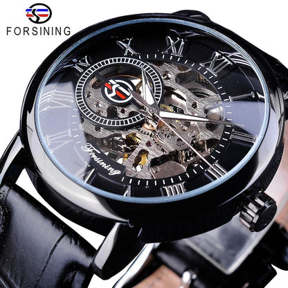 Men's skeleton watch with black dial, silver-tone case, black leather strap