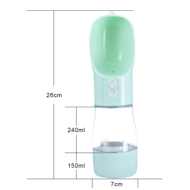 Green pet water bottle feeder with translucent body and 240ml/150ml fill marks