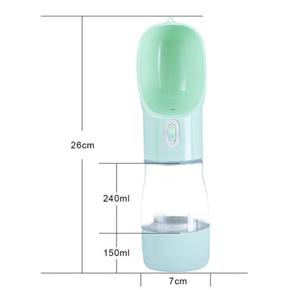 Green pet water bottle feeder with translucent body and 240ml/150ml fill marks