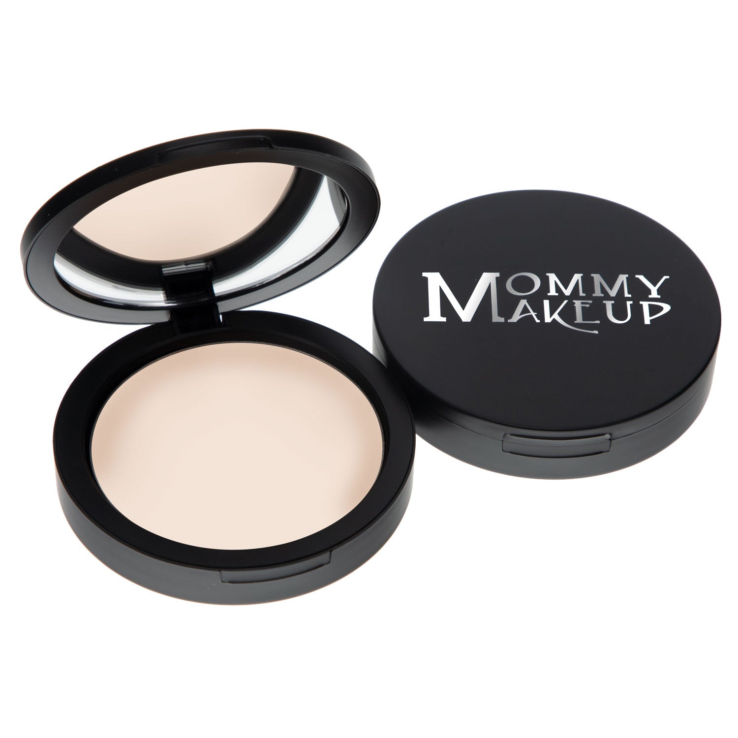 Mineral dual powder foundation compact with light beige powder, open and closed lids
