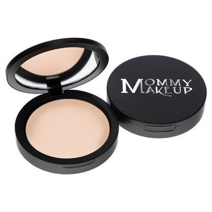 Pressed powder foundation compact with open lid and matching black case