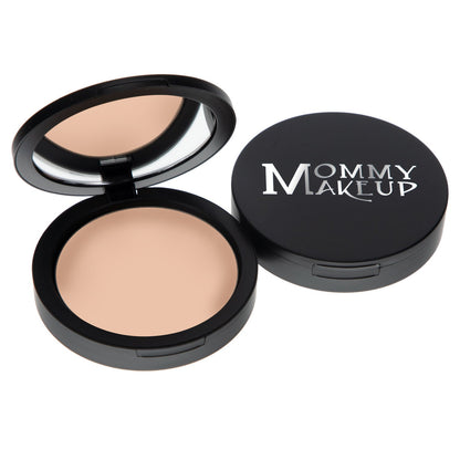 Mineral dual powder foundation compact with medium beige pressed powder, open lid