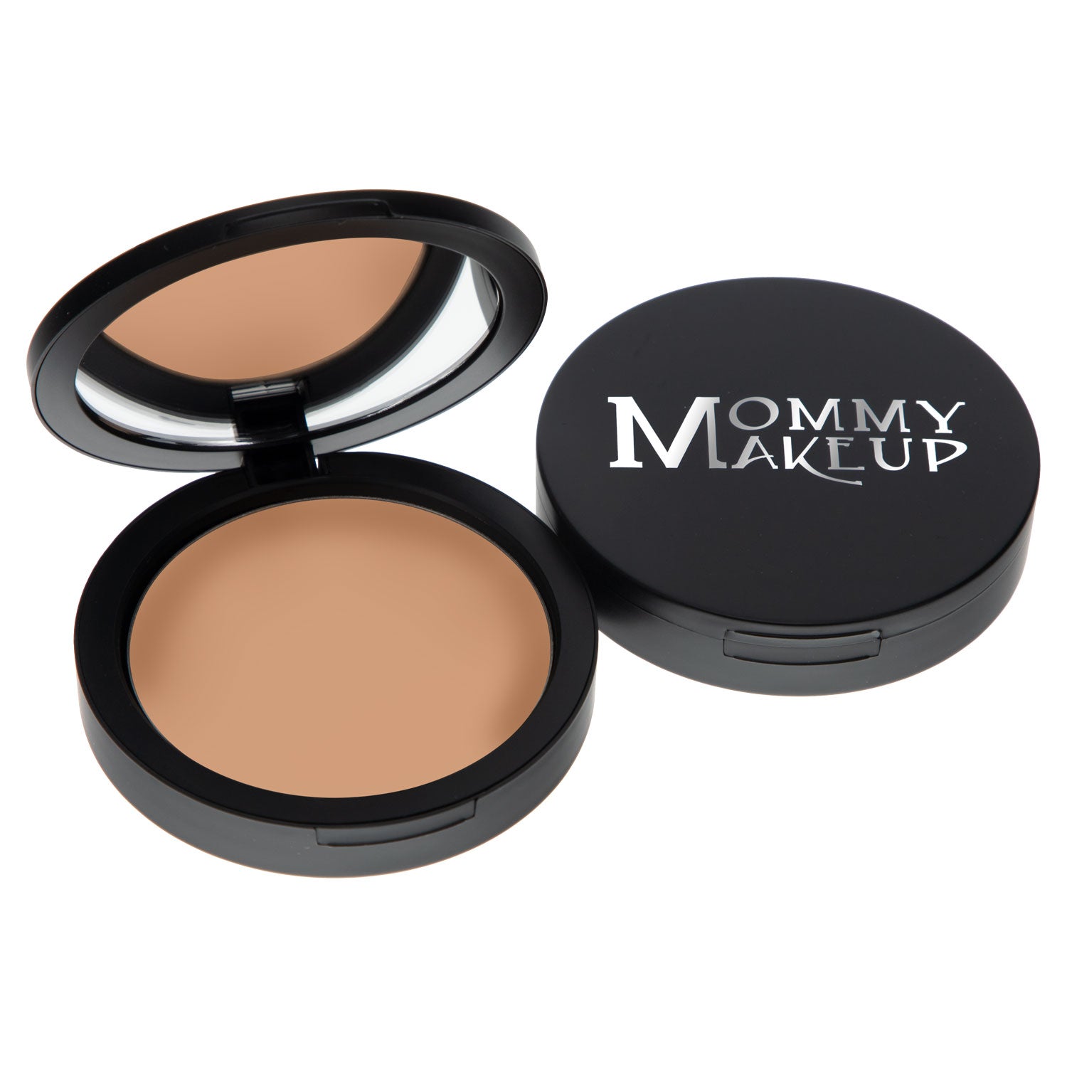 Pressed mineral powder foundation compact, open pan with tan powder