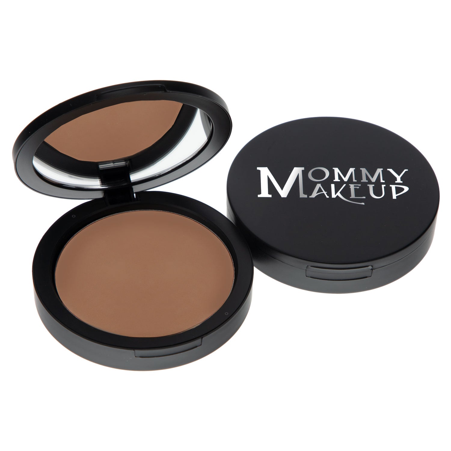 Mineral dual powder foundation compact with dark-brown pressed powder, closed case