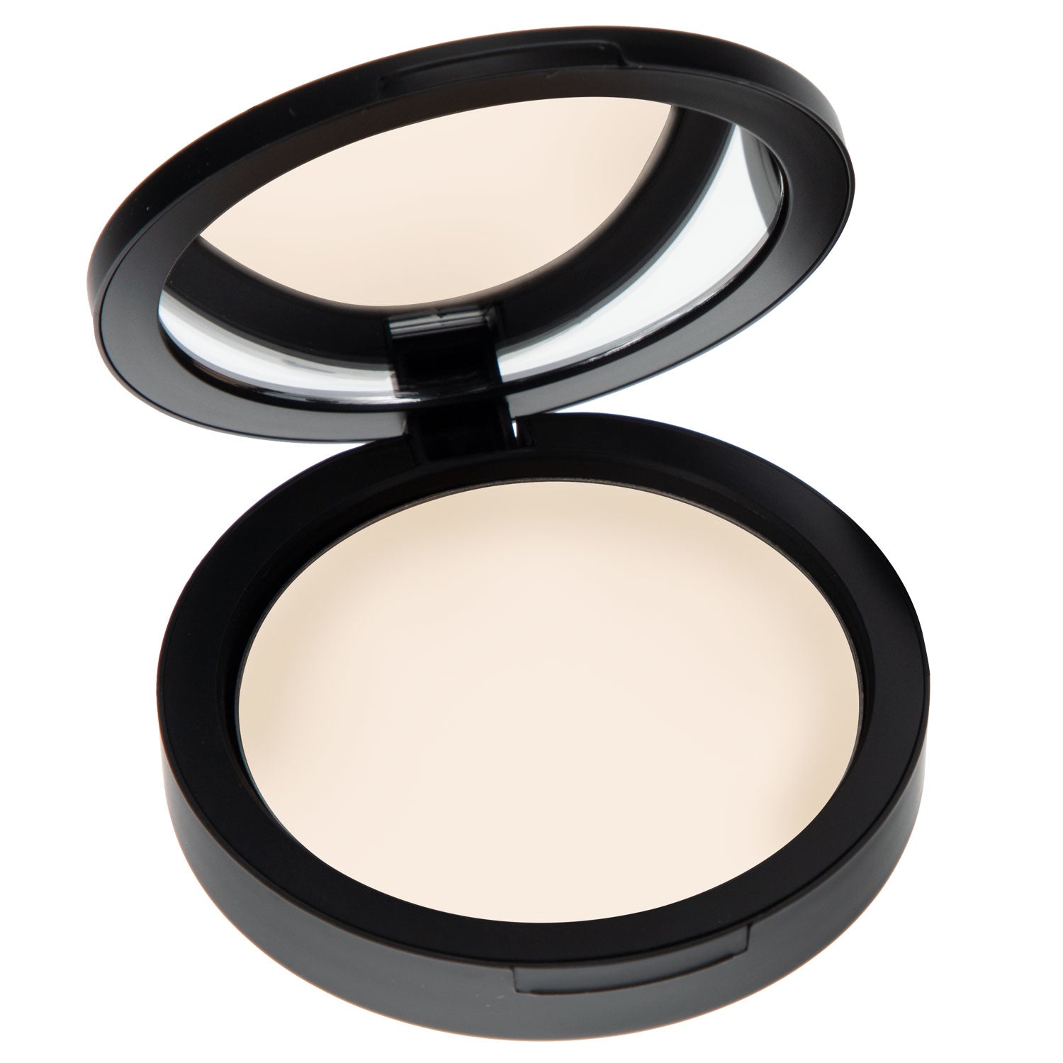 Pressed mineral dual powder foundation compact with open lid, extra-light beige shade