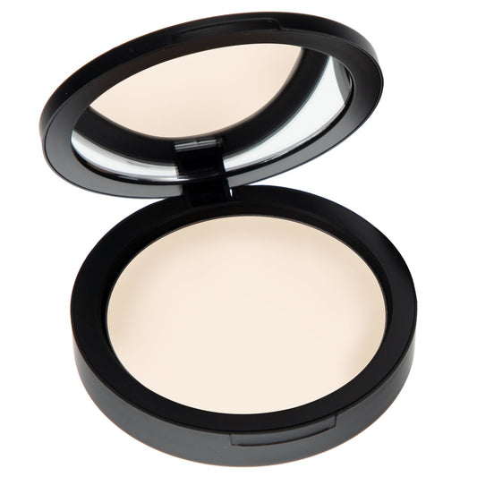 Pressed mineral dual powder foundation compact with open lid, extra-light beige shade