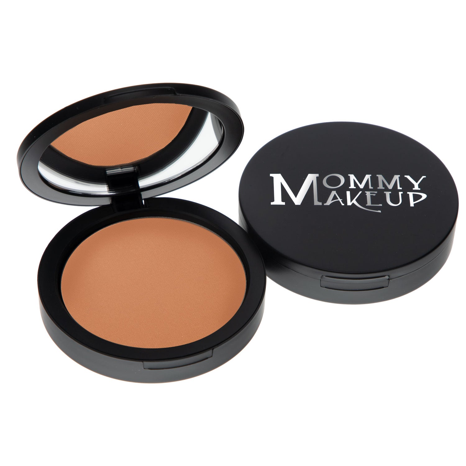 Pressed powder foundation compact open, showing medium dark tan pressed powder pan.
