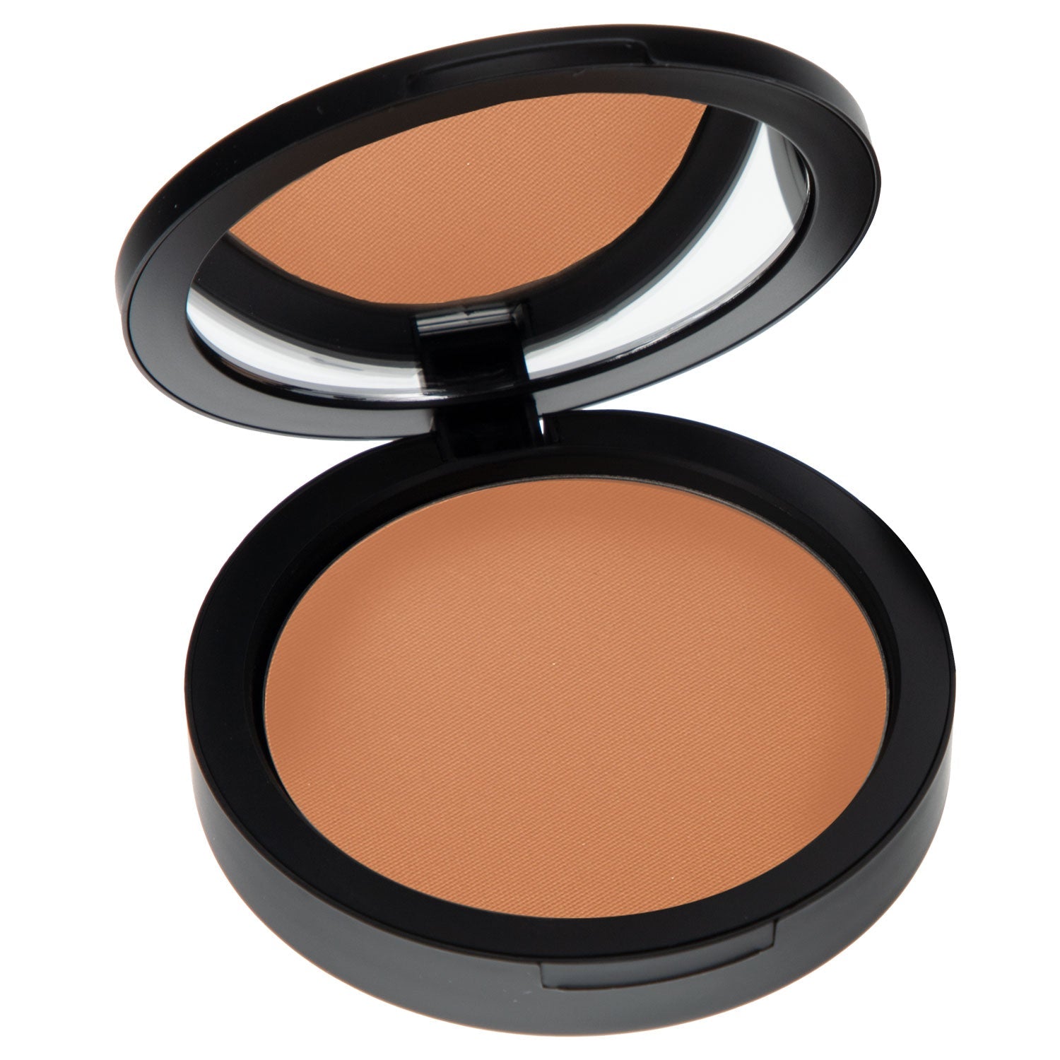 Pressed powder foundation compact, medium dark tan dual pans in open case.