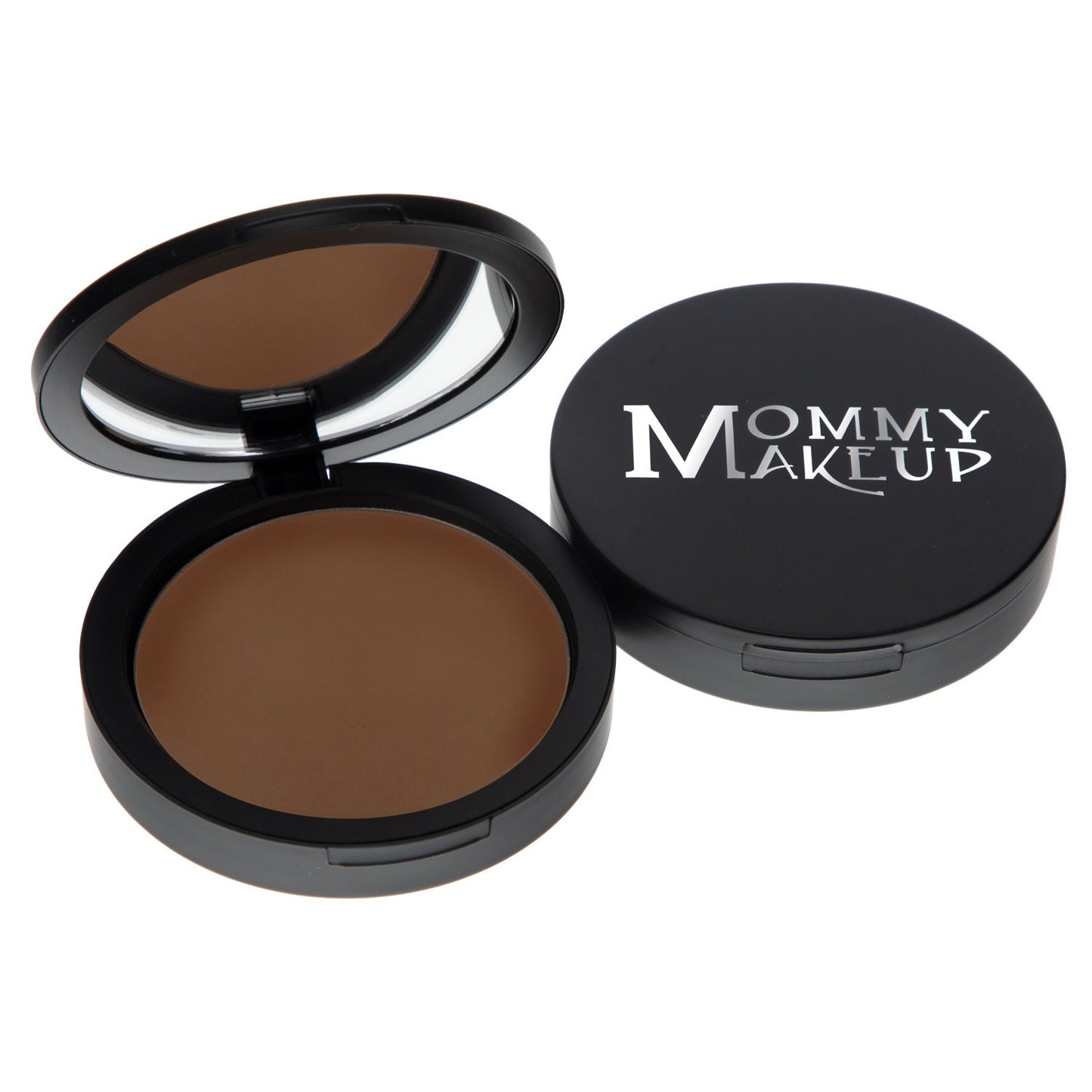 Pressed powder foundation compact with open mirror lid and closed lid, brown powder