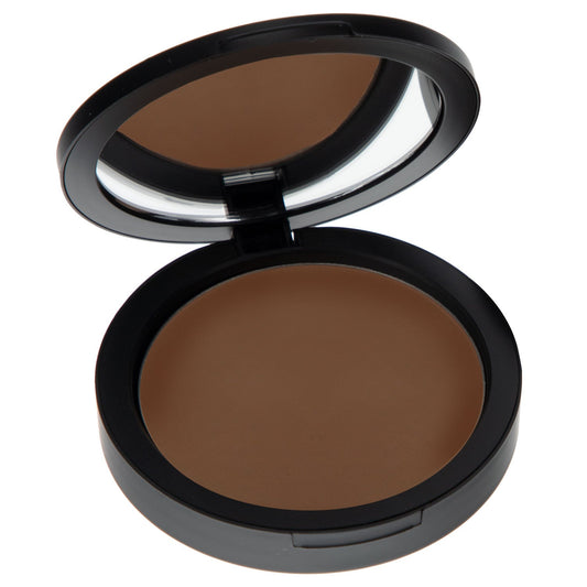 Pressed powder foundation compact with open lid and dark brown powder