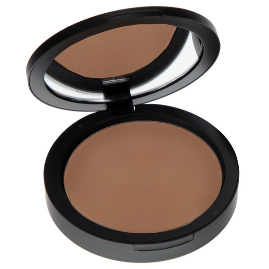 Mineral dual powder foundation compact with dark-brown pressed powder, open lid