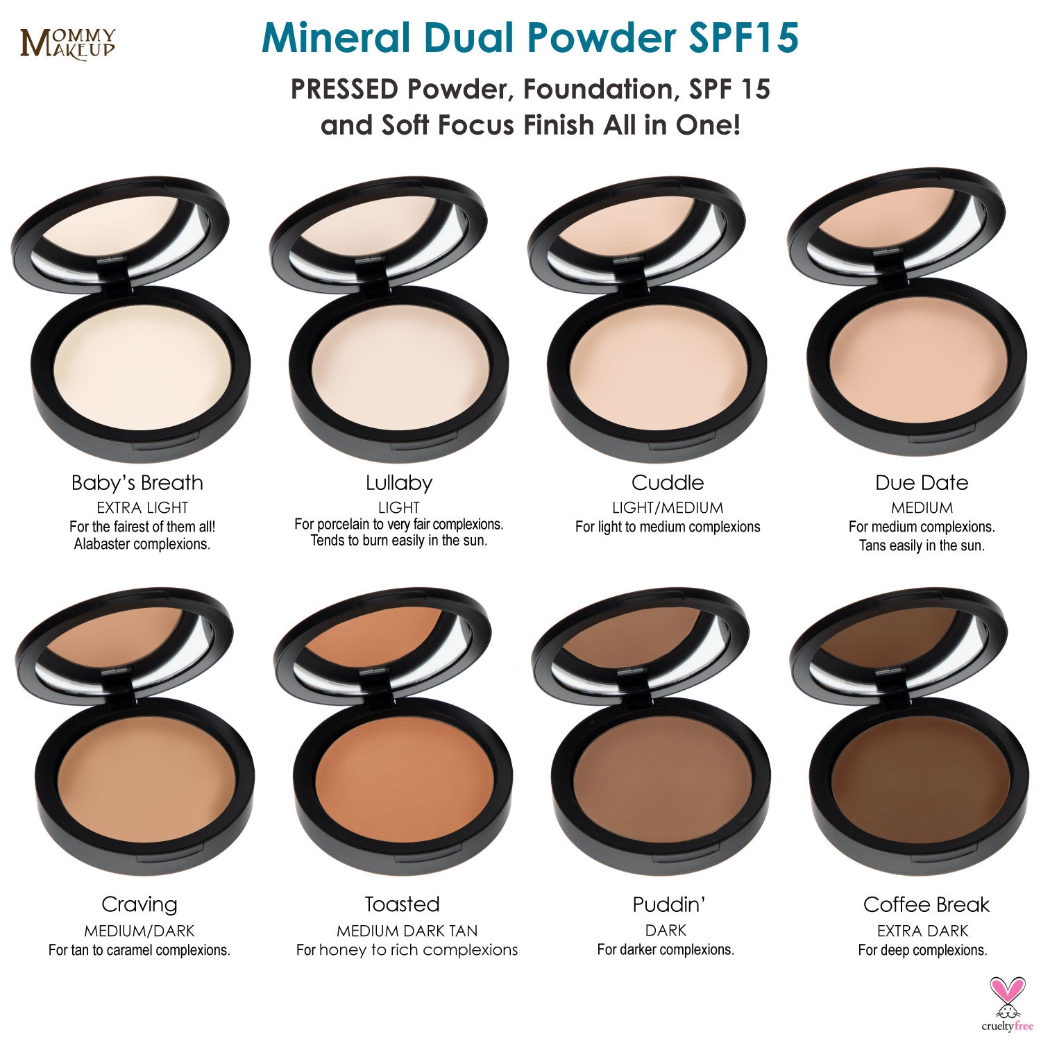 Pressed powder foundation shade lineup with multiple open and closed compacts