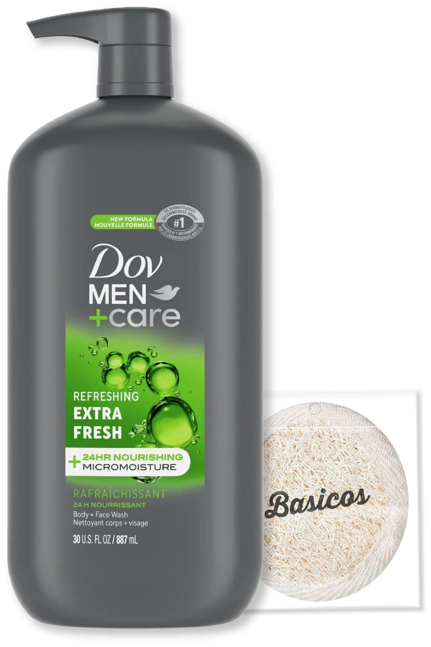 MEN Extra Fresh Body Wash for Men Compatible with Dove - 30oz Pump Bottle | Cleanses & Nourishes Skin Fights Bacteria | Includes 1 Basicos Loofah Sponge Pad - Renee Lane Company