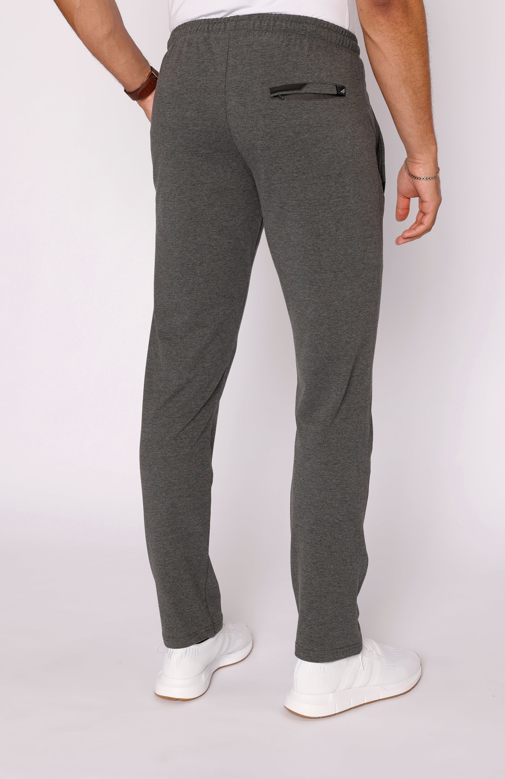 Dark heather grey athletic sweatpants with elastic waistband and tapered ankle hem