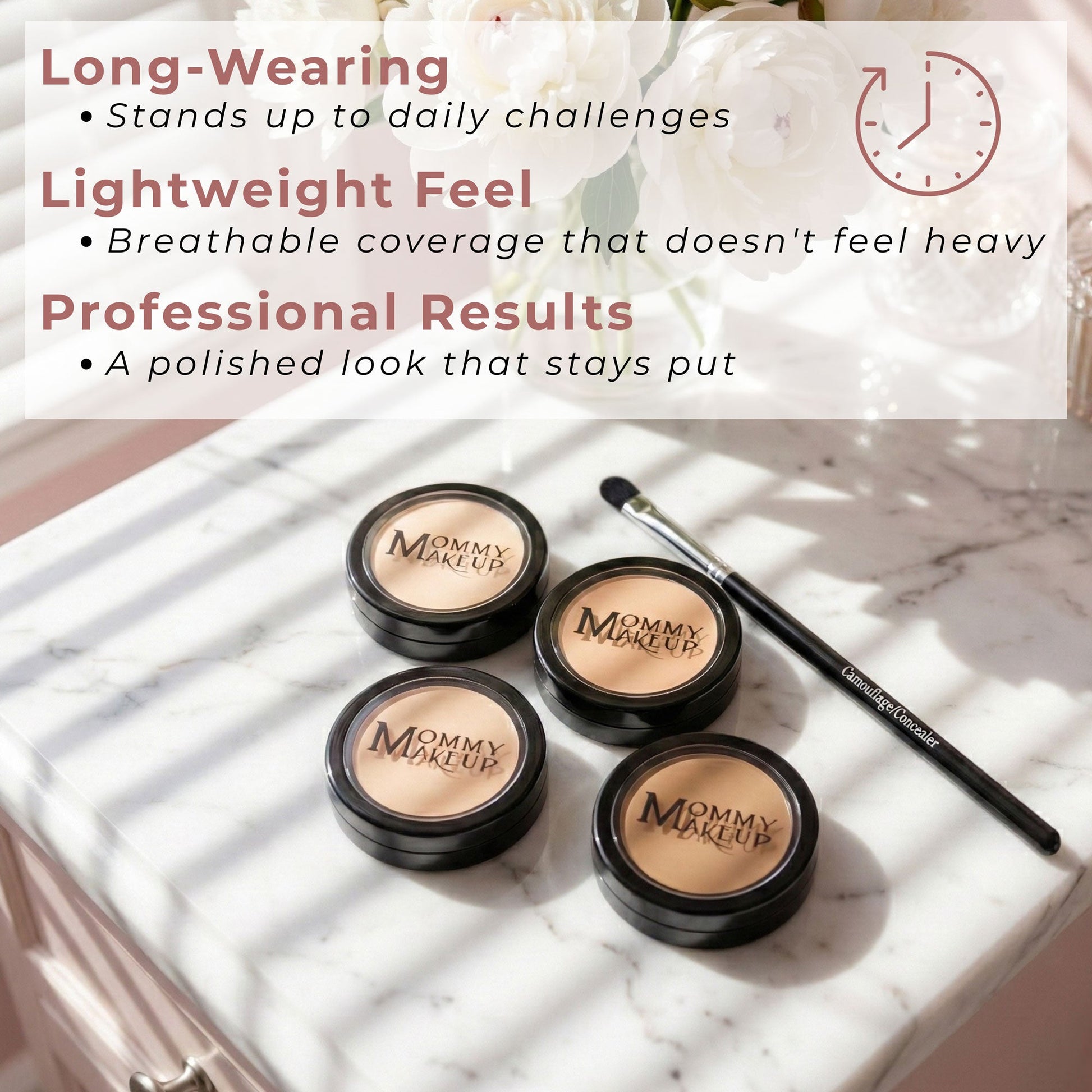 Makeup concealer compacts set with applicator brush on a tabletop.