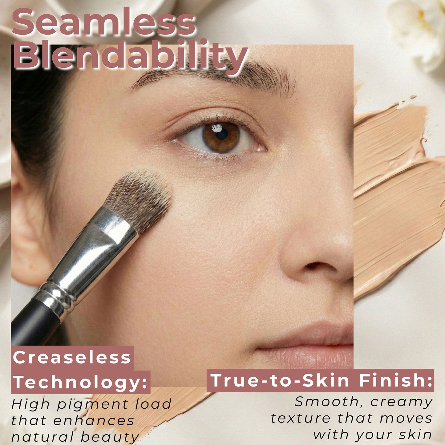 Concealer brush applying tan cream under the eye for a smooth, blended look.