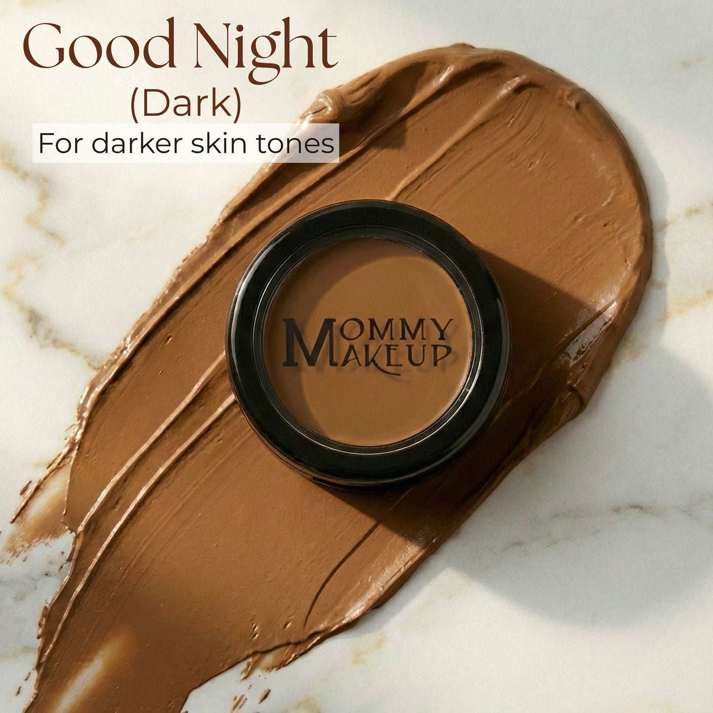 Concealer compact showing a dark tan shade with product swatch