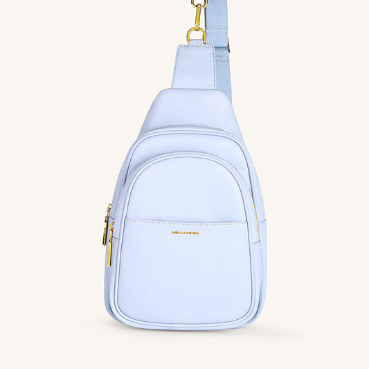 Ice blue fanny bag with curved top and front zip pocket