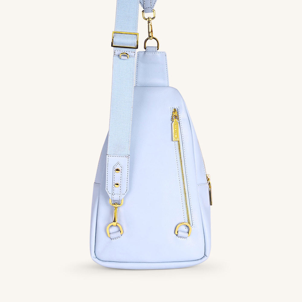 Ice blue fanny bag with shoulder strap and front key loop detail