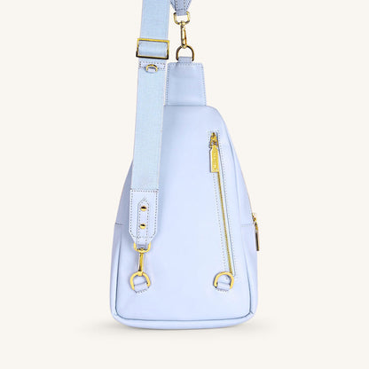 Ice blue fanny bag with shoulder strap and front key loop detail