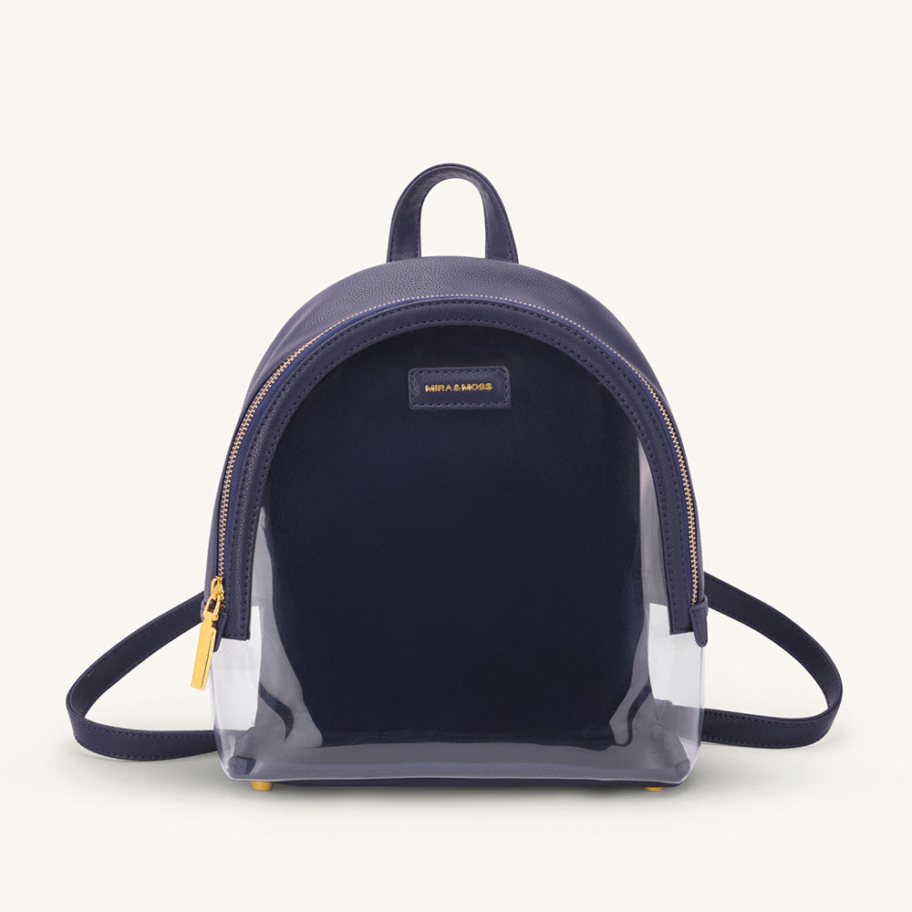 Dark navy clear backpack with top handle, zip closure, and adjustable shoulder strap