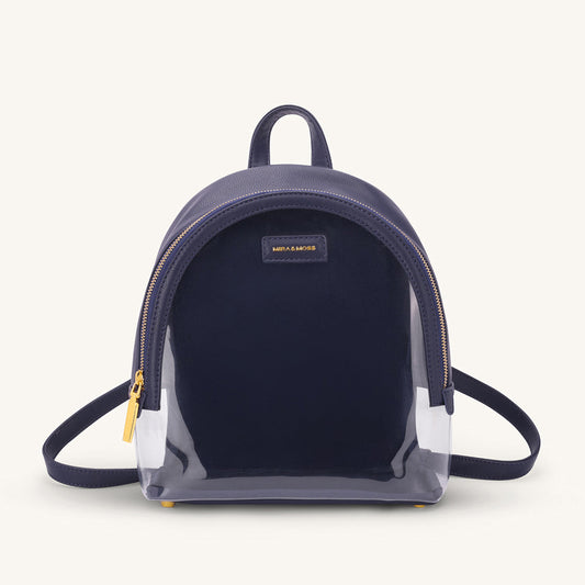 Dark navy clear backpack with top handle, zip closure, and adjustable shoulder strap