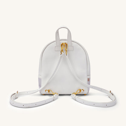 Ivory mini backpack with dual top handles, gold hardware, and two adjustable straps