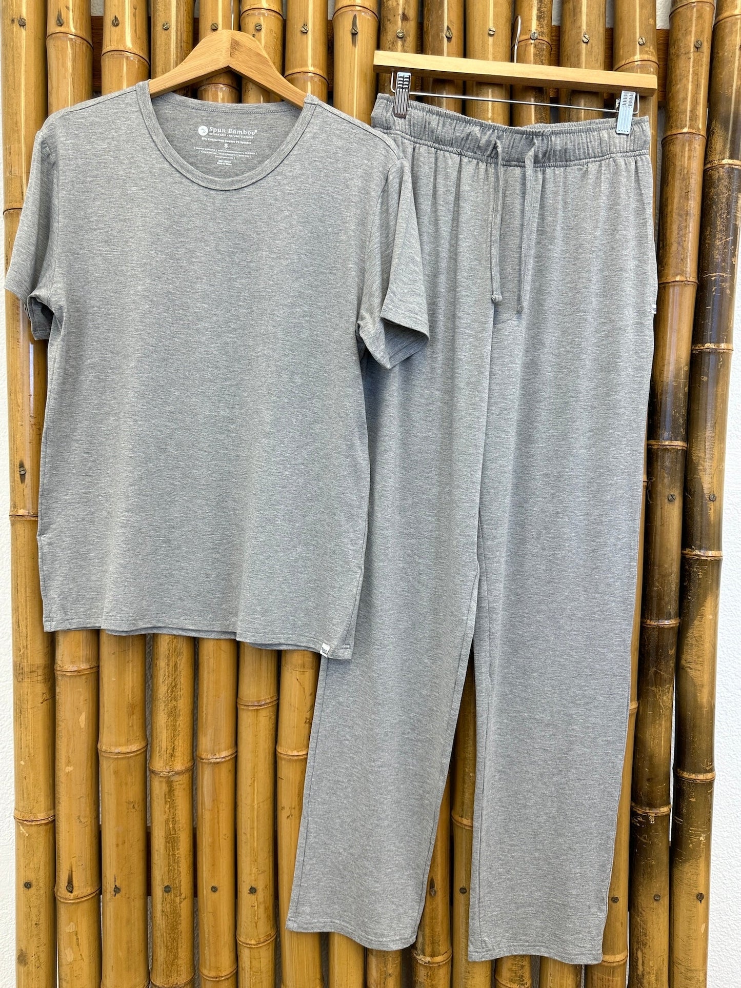 Heather grey lounge pajama set, short-sleeve top and pull-on pants