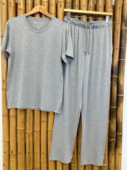 Heather grey lounge pajama set, short-sleeve top and pull-on pants