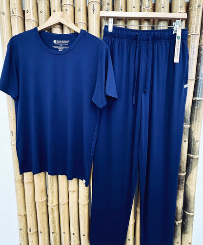 Men's blue lounge pajama set with short-sleeve top and drawstring pants