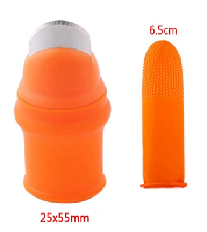 Orange silicone finger blade with gray rim and textured tip, side view