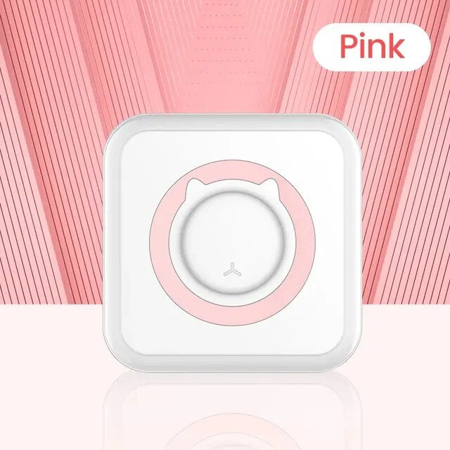 Pink portable thermal sticker mini printer, front view with round button