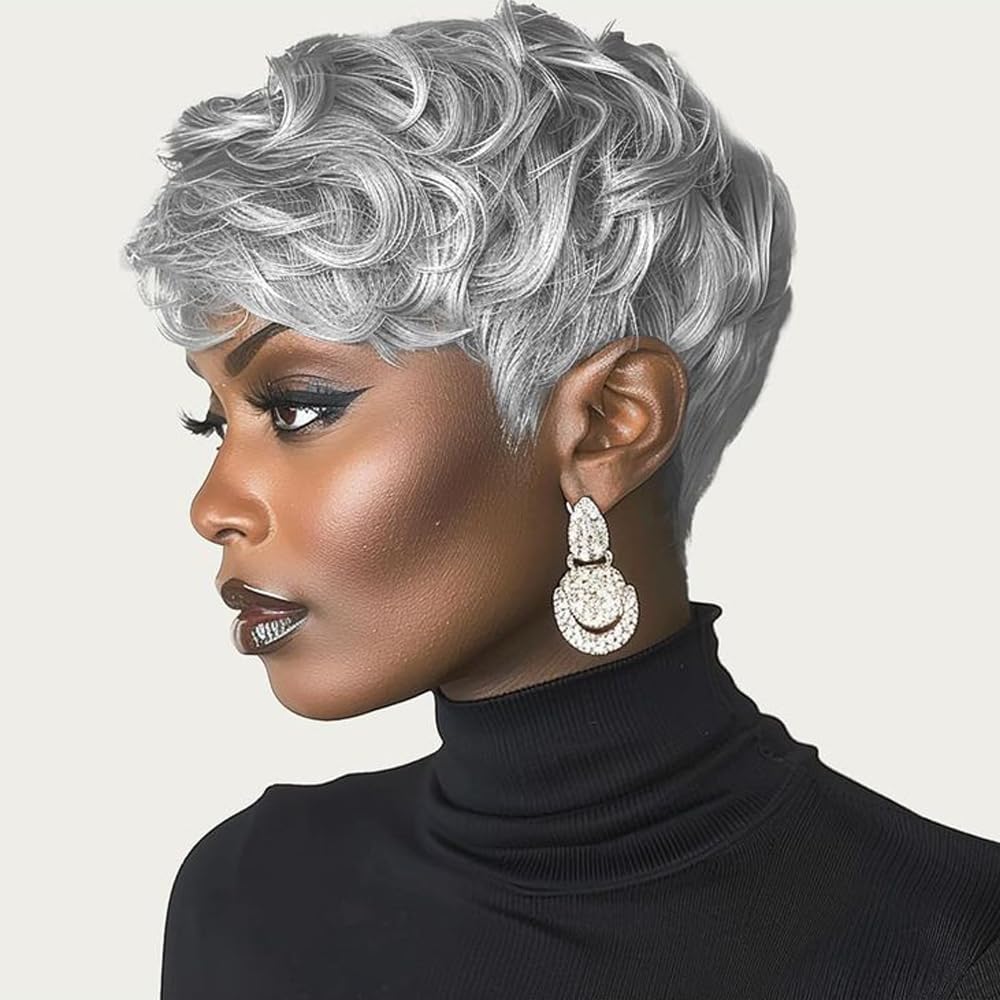 MUJGOO Pixie Grey Wigs for Black Women Short Wigs for Black Women Short Curly Wigs Pixie Cut Wigs with Bangs for Black Women Pixie Short Grey Wig for Black Women(Grey Mixd Black) - Renee Lane Company