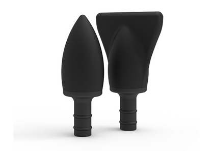 Set of black massage head attachments: edge and bullet, upright view