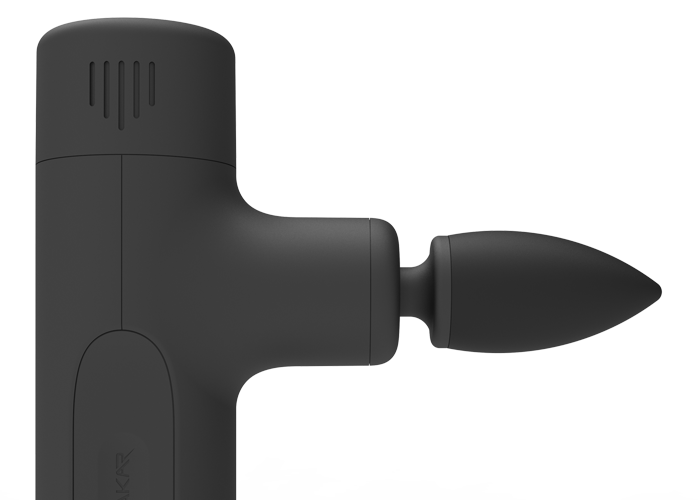 Black massage gun with bullet massage head attachment, close side view