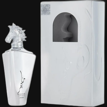 Men's cologne bottle with silver horse-head cap, paired with white gift box