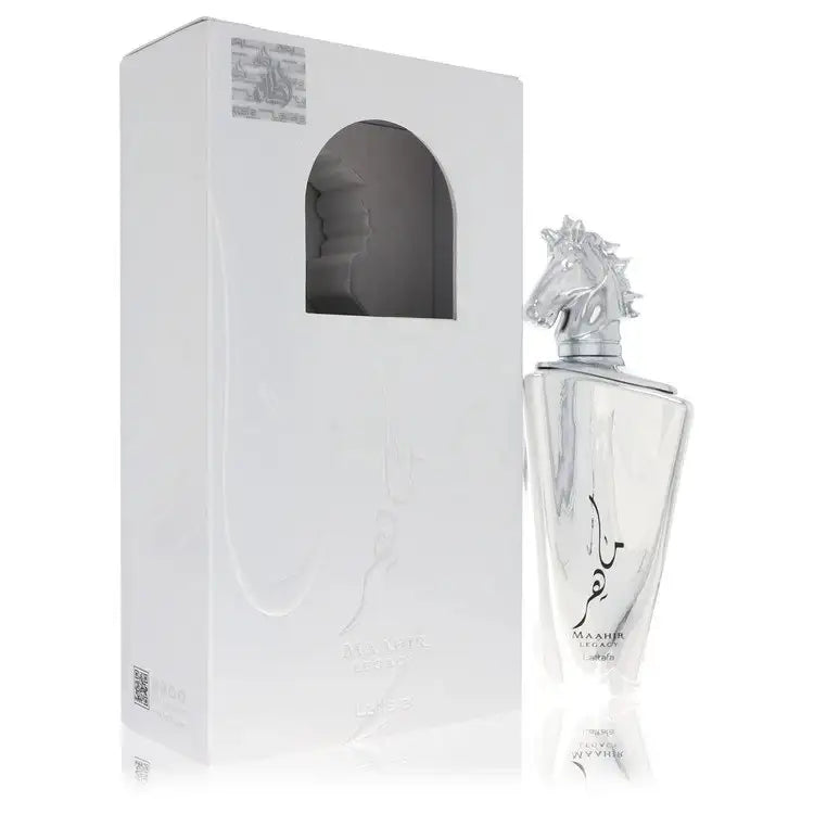 Men's cologne bottle with ornate silver cap and white packaging box