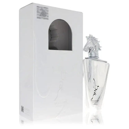 Men's cologne bottle with ornate silver cap and white packaging box