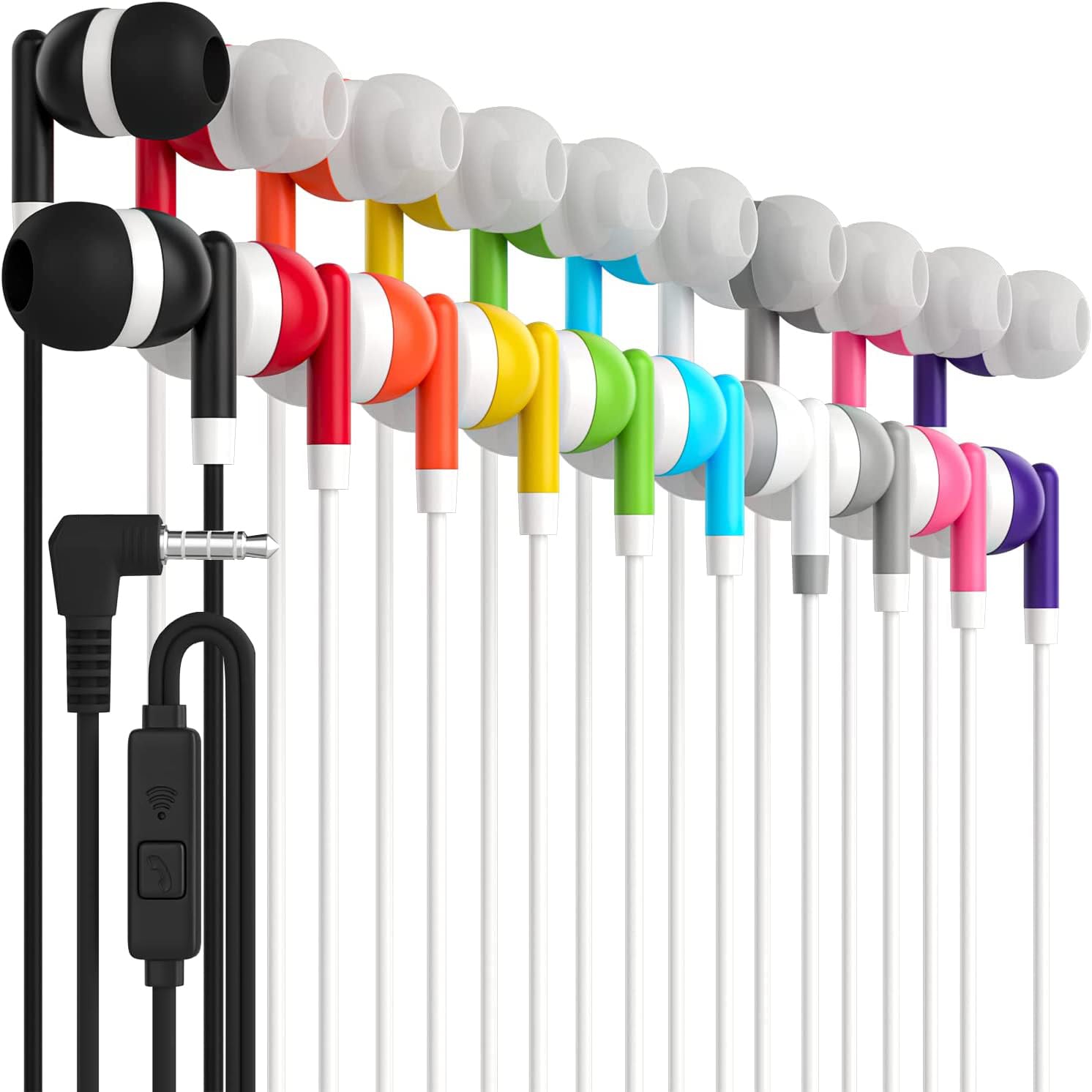 Maeline Bulk Earbuds with Microphone Noise Isolating in-Ear Headphones for Classroom Library Travel 3.5mm Wired Student Earbuds Earphones for iPhone Android MP3 Player - 10 Pack - Multi Color - Renee Lane Company
