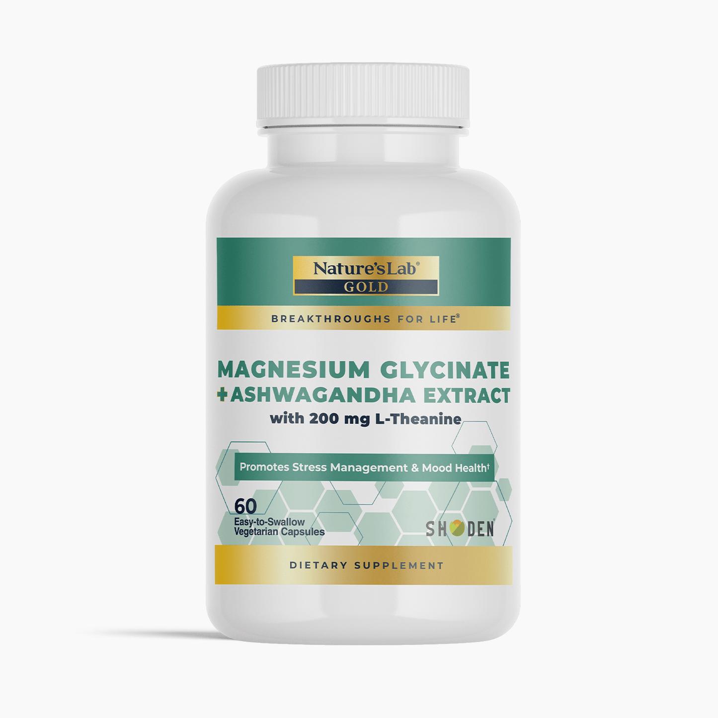 Magnesium glycinate & ashwagandha supplement bottle, 60 vegetarian capsules