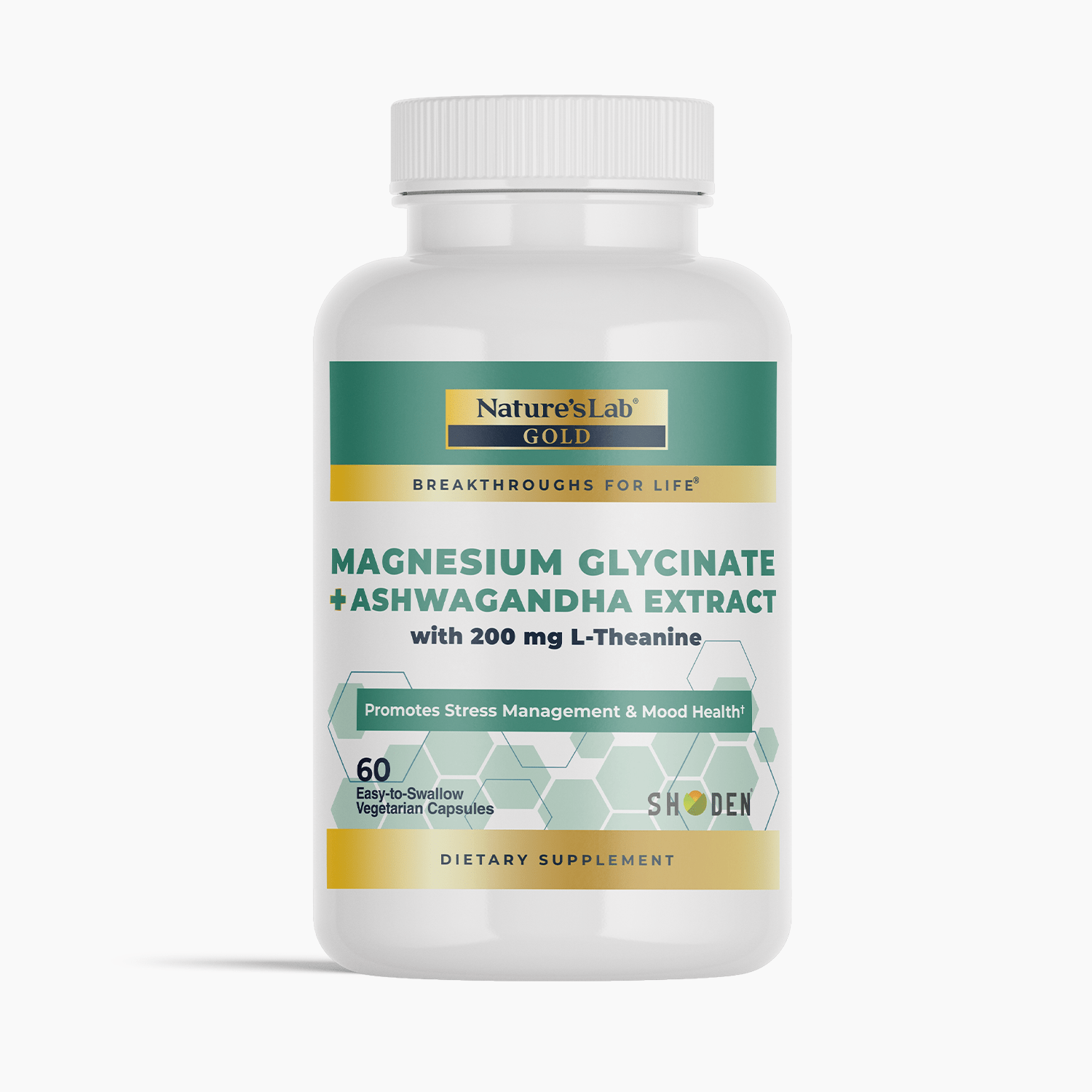 Magnesium glycinate & ashwagandha supplement bottle, 60 vegetarian capsules