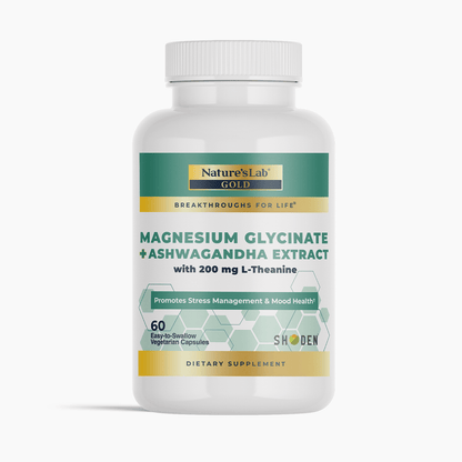 Magnesium glycinate & ashwagandha supplement bottle, 60 vegetarian capsules