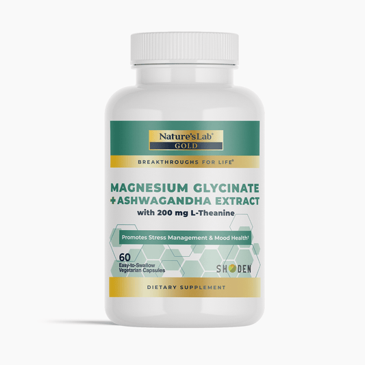 Magnesium glycinate & ashwagandha supplement bottle, 60 vegetarian capsules