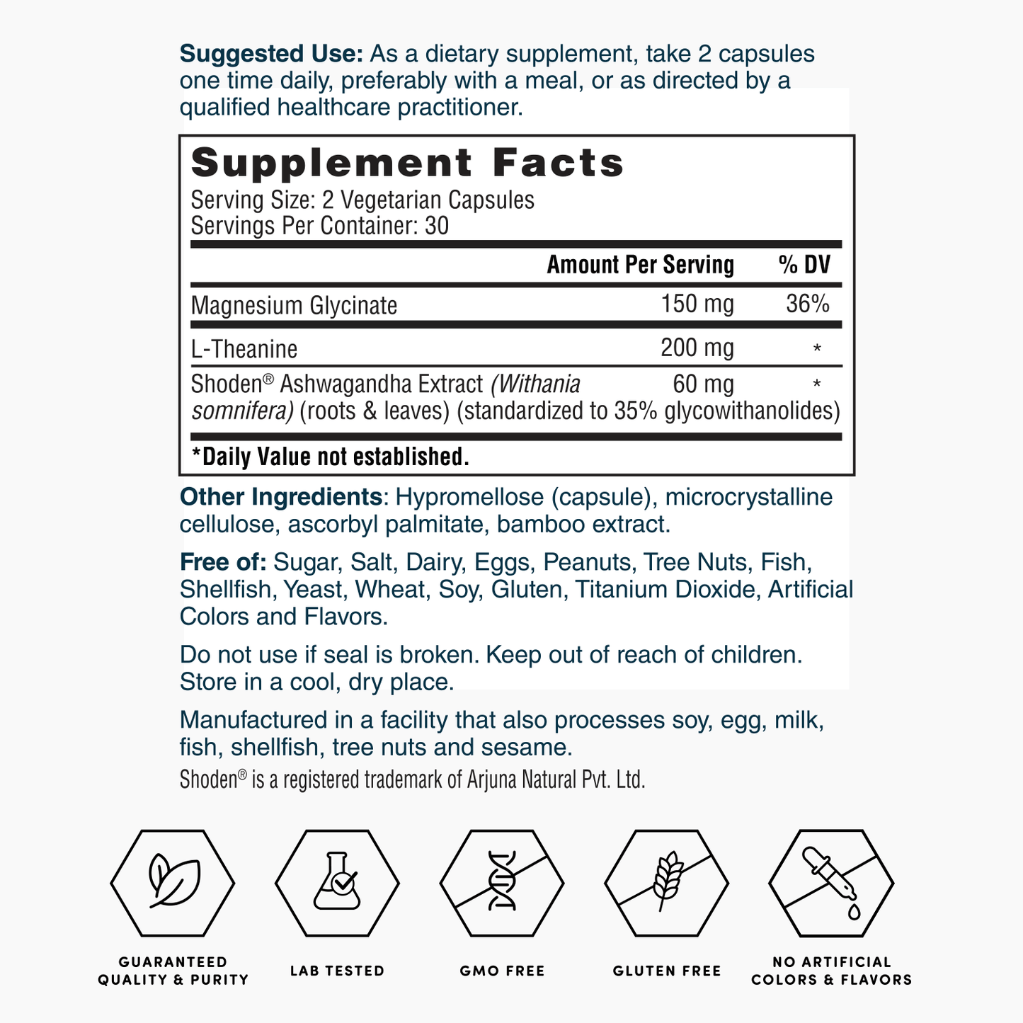 Supplement Facts panel for magnesium glycinate and L-theanine, 2 capsules serving