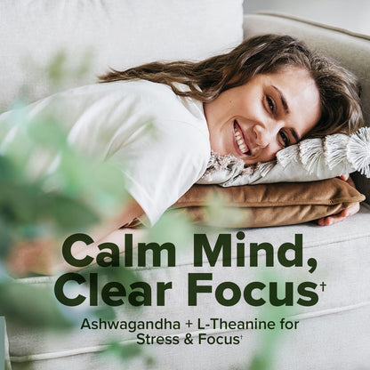 Woman resting on a pillow with calm mind clear focus supplement theme