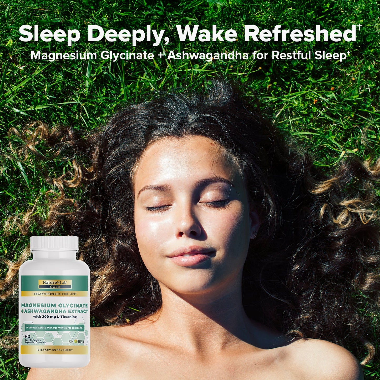 Sleeping woman with magnesium glycinate & ashwagandha supplement bottle